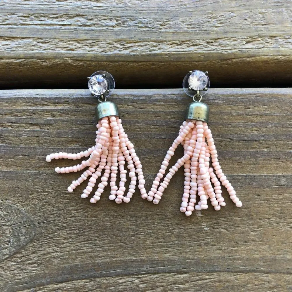 Light Pink and Diamond on Bronze Finish Tassel Dangle Earrings